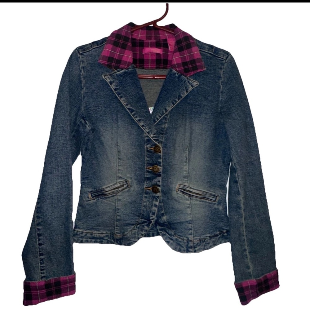 NWOT Y2K Traffic Soda Cropped Denim Blazer With Plaid Accent & Embroidered Back - Picture 7 of 11